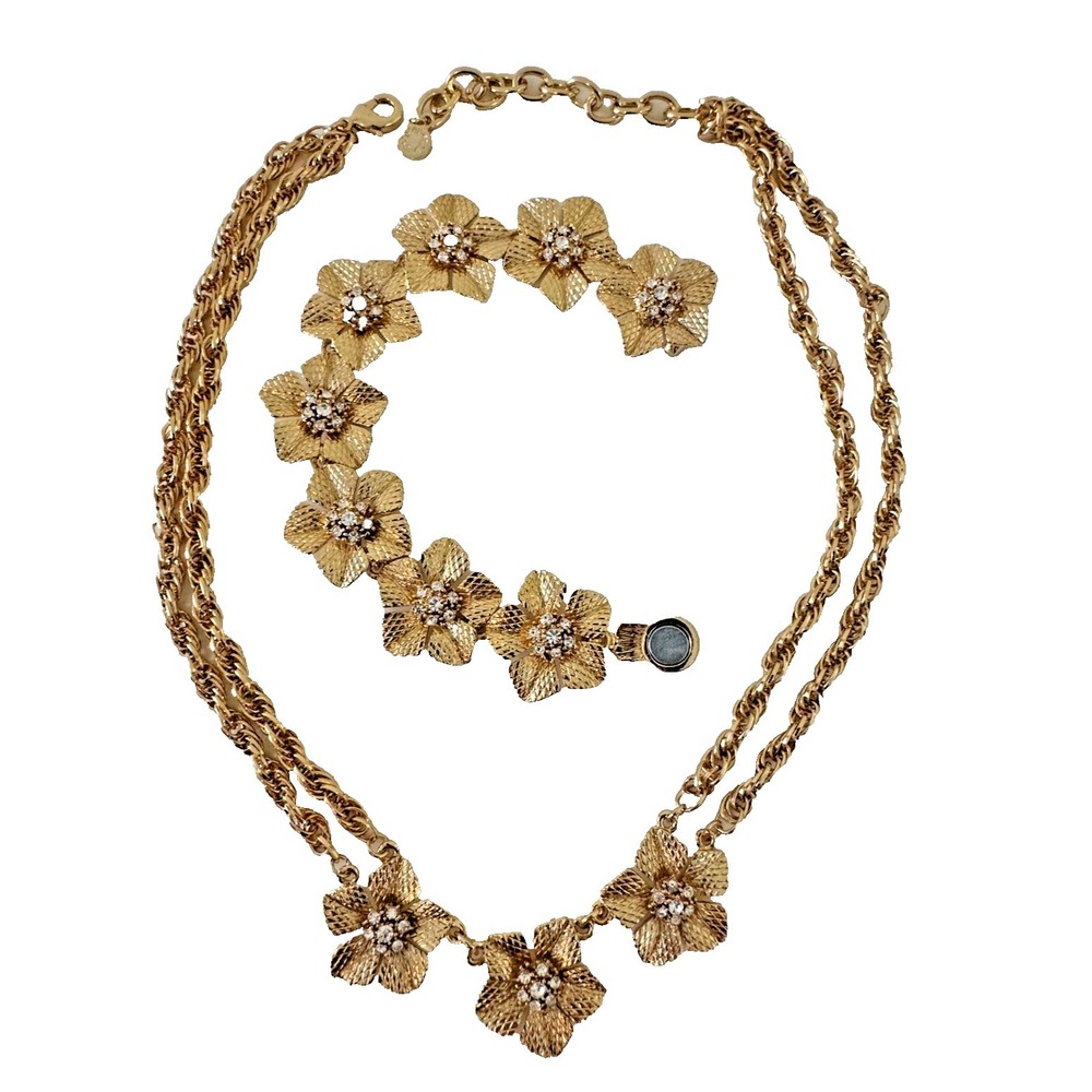 Stauer Flower Links Necklace Bracelet Set Twisted Rope Magnet Gold Vtg Signed